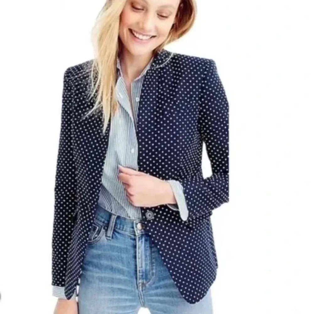 J. Crew 100% Linen Blue and White Polka Dot Regent Blazer